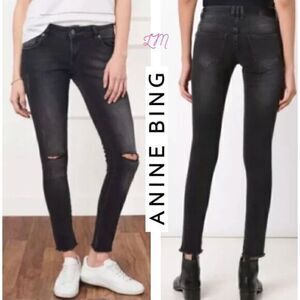 Anine Bing NWOT Faded Black Mid Rise Knee‎ Slits Frayed Hem Skinny Jeans 25
